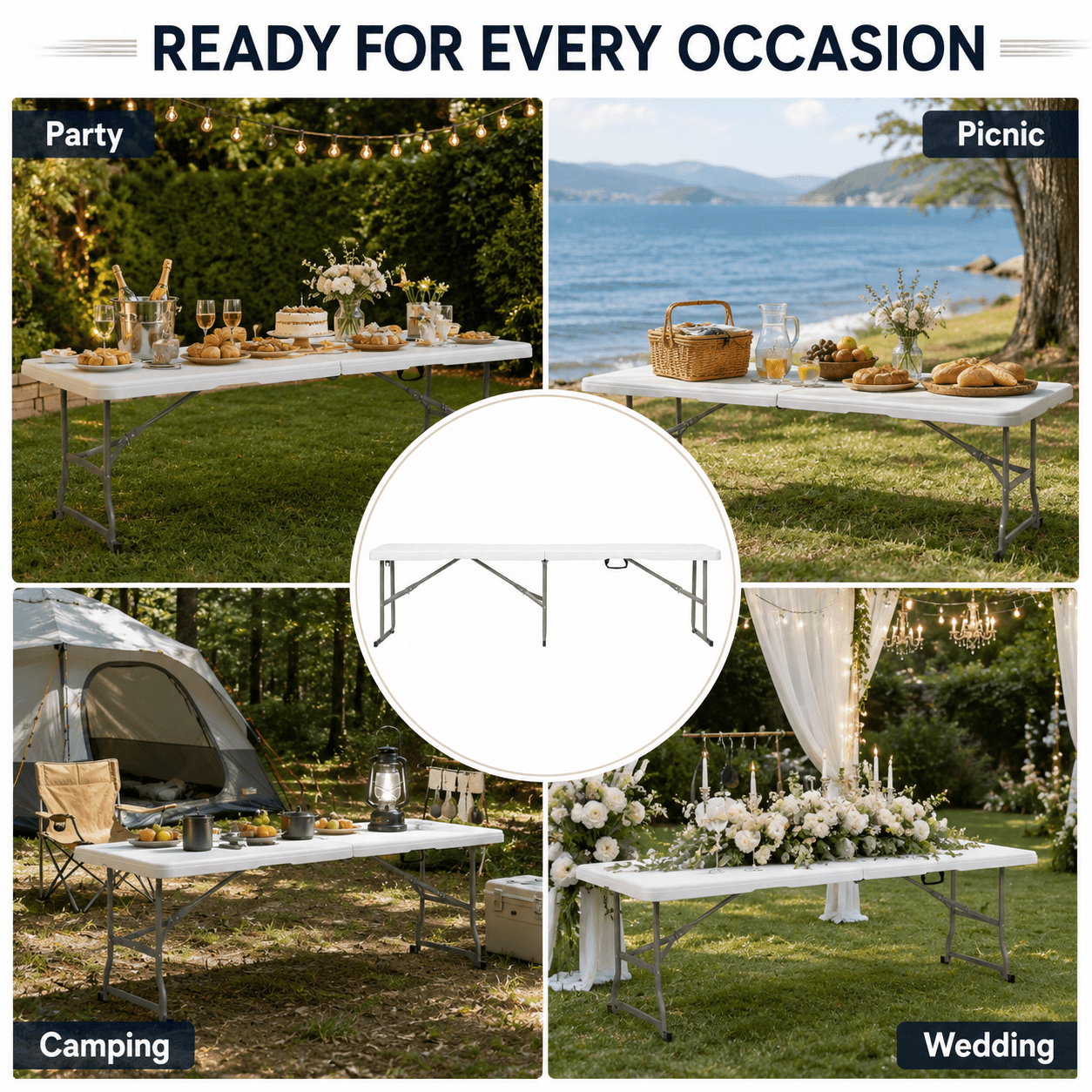 Alvantor 6 ft Portable Folding Bench, HDPE Plastic Indoor Outdoor Seat with Steel Frame, White, 1 Pack