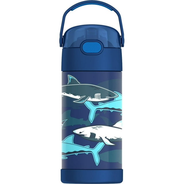Thermos Kids Vacuum Insulated Funtainer Water Bottle with Flip Up Straw, 355ml, Sharks, a blue stainless steel bottle with vacuum insulation keeping drinks cold up to 12 hours, decorated with blue and white shark illustrations, featuring a push-button lid with pop-up straw and integrated carrying loop, suitable for kids' on-the-go hydration and outdoor use.