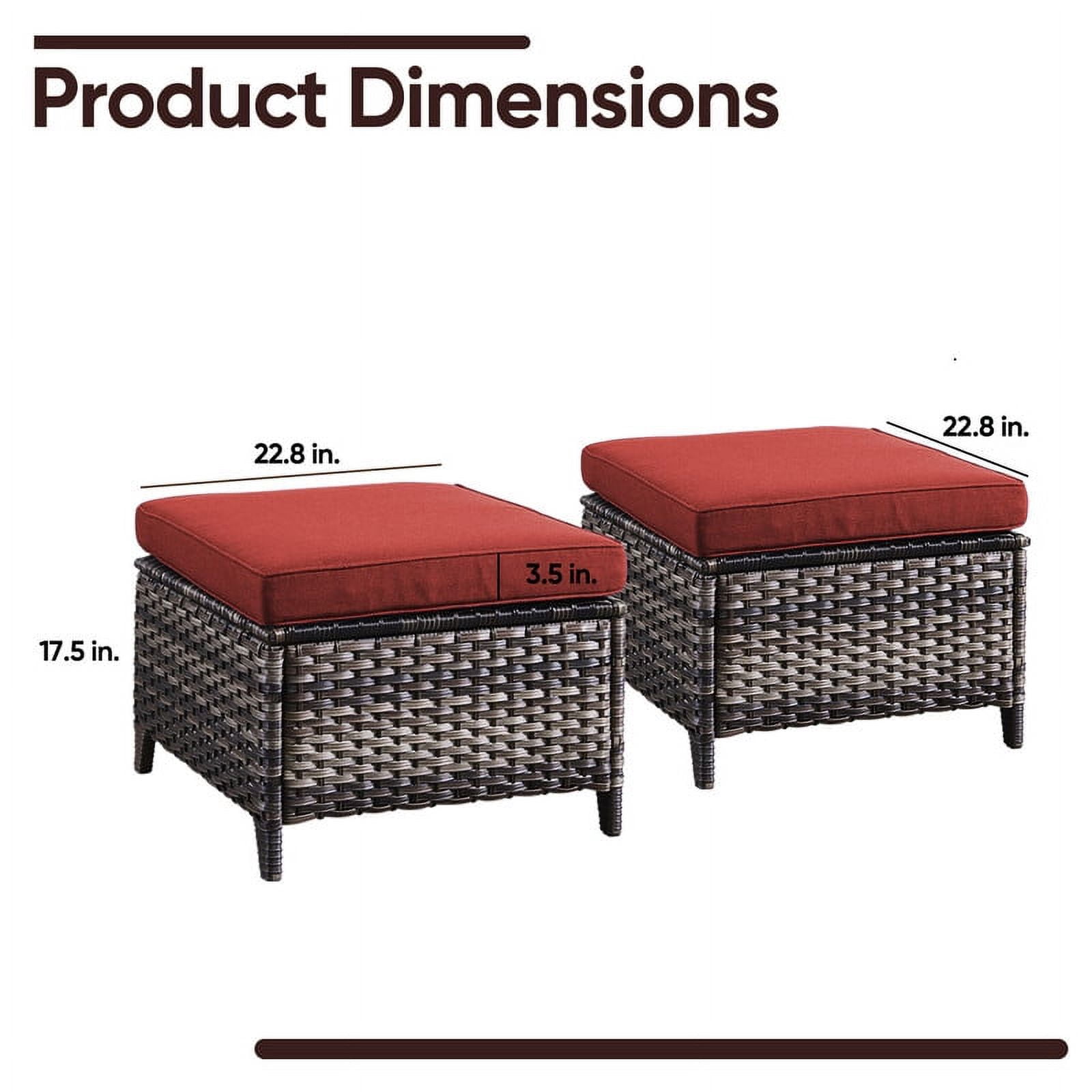 PARKWELL 2PCS Outdoor Wicker Ottoman Patio Rattan Furniture Footrest Seat Square Footstool w/Red Cushion