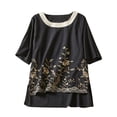thumbnail image 2 of Summer Saving Wycnly Womens Tops Dressy Casual Loose Fit Irregular Side Slit Cotton Linen Fashion Pullover Shirts Summer Short Sleeve Round Neck Tops Leaves Print Blouse Black XL, 2 of 5