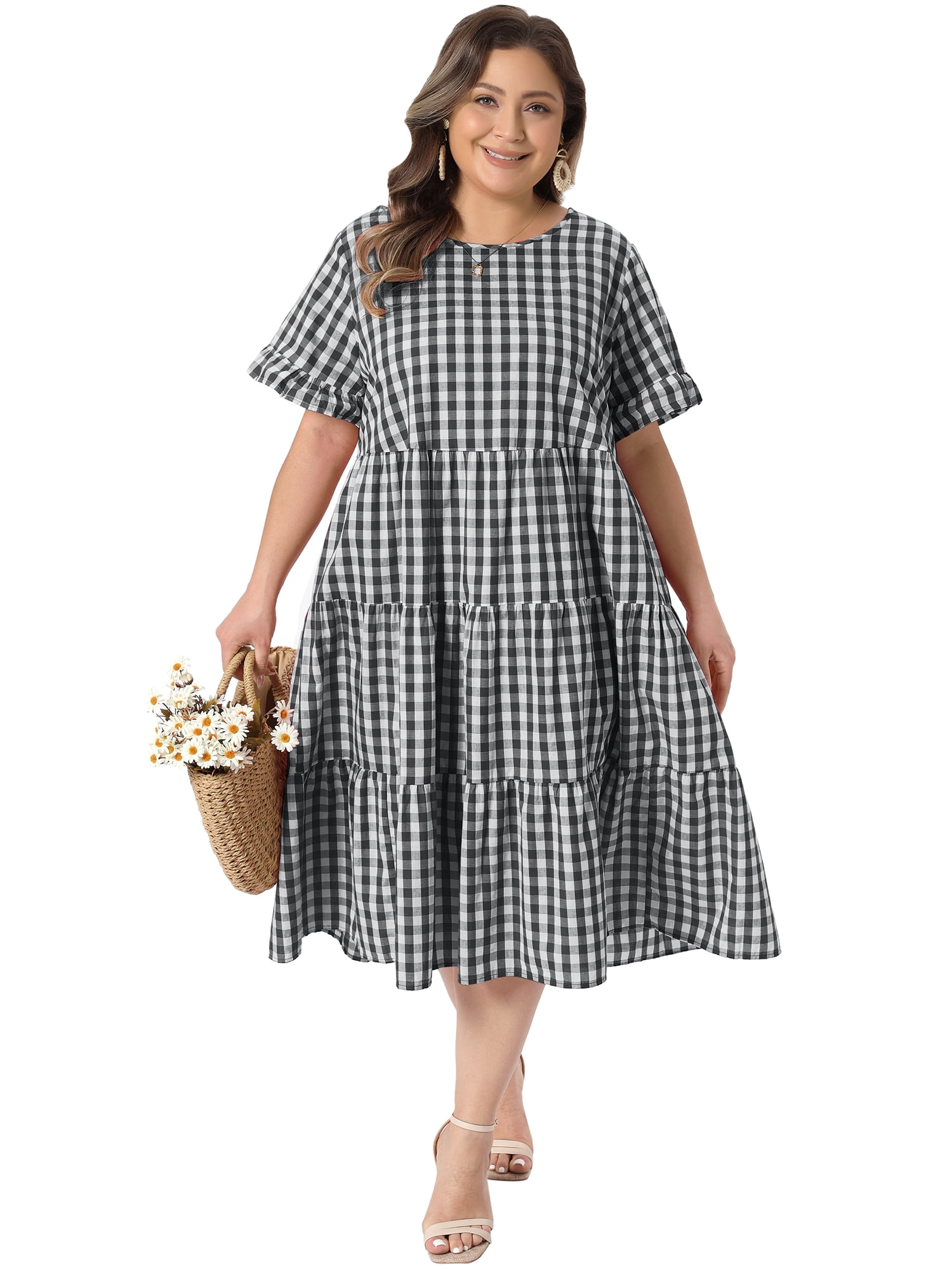 DARING DIVA Women's Plus Gingham Plaid Round Neck Dress 1X Black