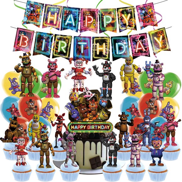 Five Nights Freddy's Party Supplies Freddy's Birthday Party Decorations include Freddy's Happy Birthday Banner ,Balloons,Cake Cupcake Toppers