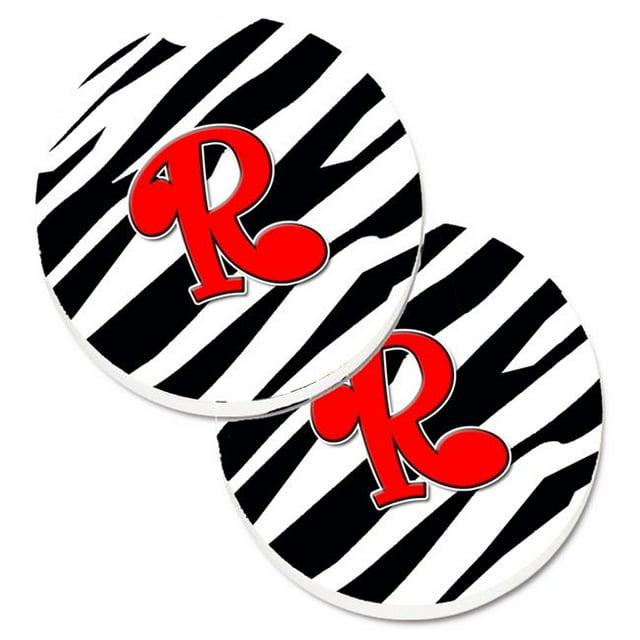Monogram Initial R Zebra Red Set of 2 Cup Holder Car Coaster