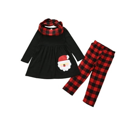 

Toddler Girls Christmas Clothes Set Santa Long Sleeve Tunic Top Plaid Pants Scarf