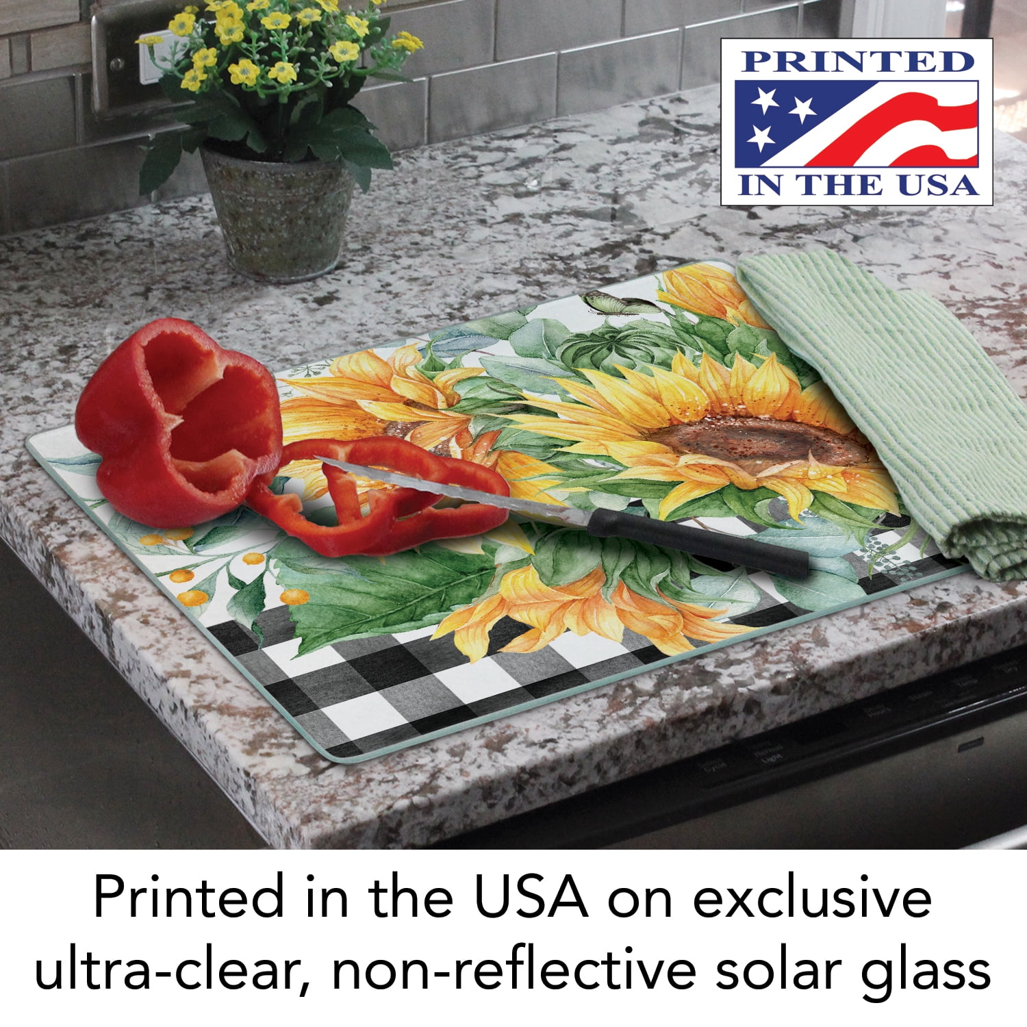 CounterArt Sunflower Fields 3mm Tempered Glass Cutting Board 15" by 12"