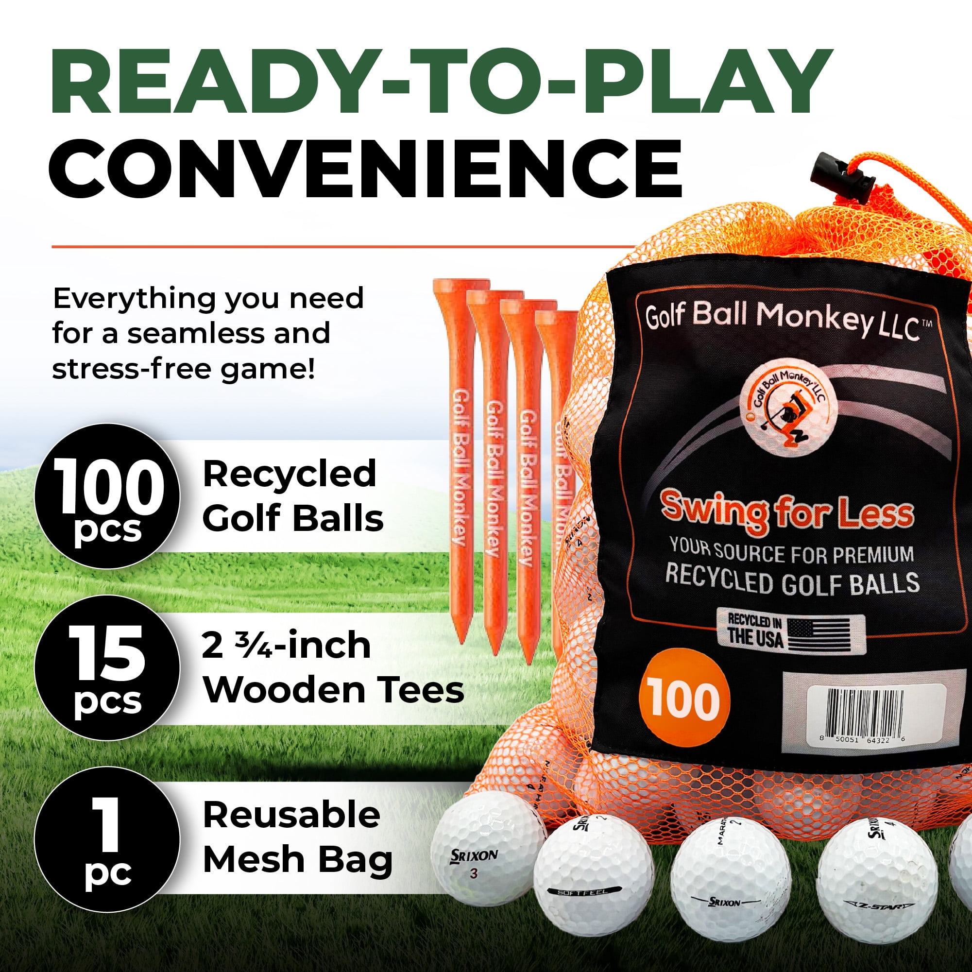Golf Ball Monkey Cheap Recycled Golf Balls for Srixon Mix White 100 Pk Good Condition  Z Star, Soft Feel,  Q Star & Marathon Golf Balls w/ 15 Tees and Mesh Bag