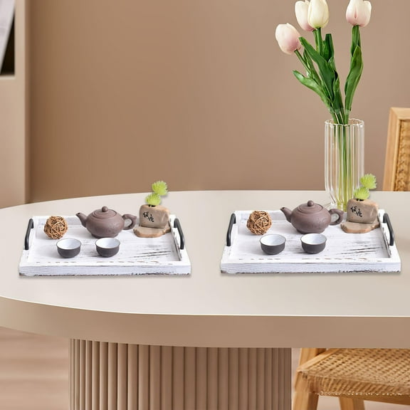 Fancyes 2 Pieces Rustic Serving Trays Serving Platters Decorative Ottoman Tray Vintage Stylish Farmhouse Decor for Food Tea Breakfast white