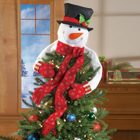 Christmas Hugging Snowman Tree Topper with Red Mittens and Draping Red Scarf - Festive Christmas Tree