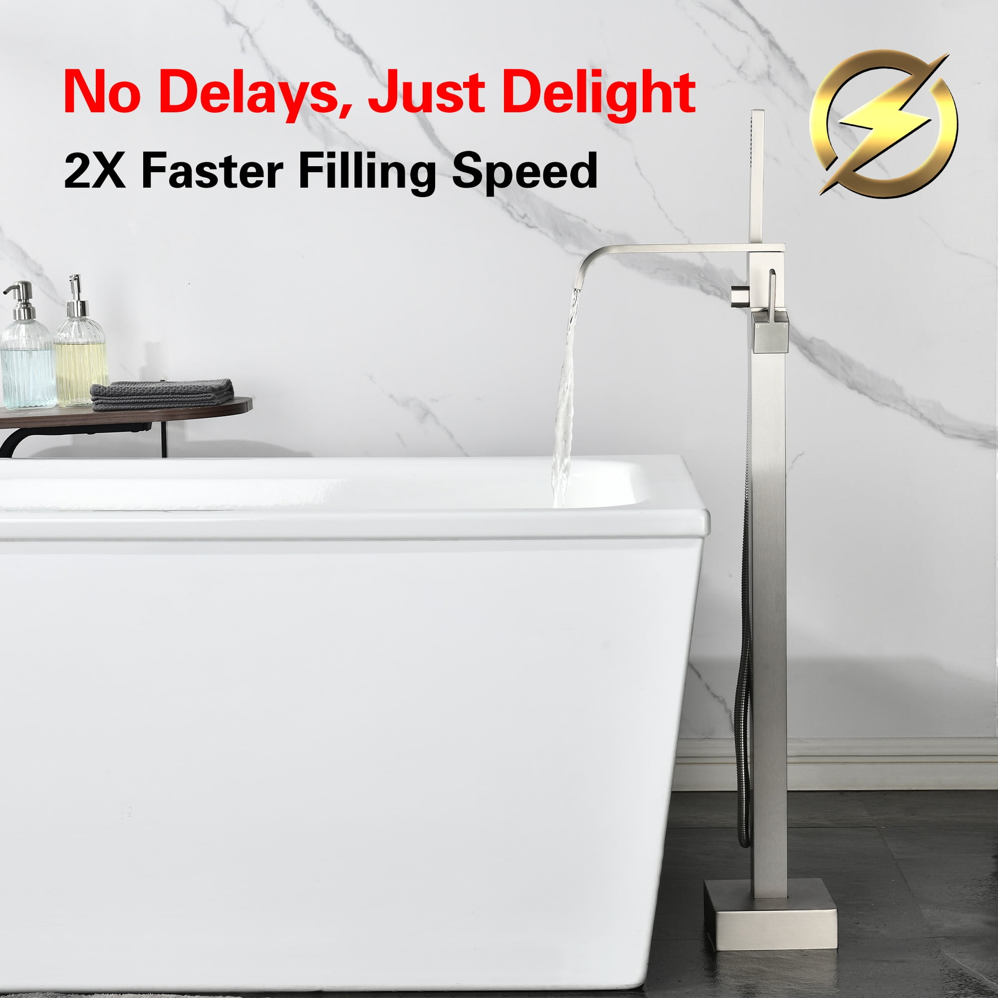 SUMERAIN Modern Floor Mount Bathtub Faucet in Brushed Nickel Finish, Single Handle Waterfall Freestanding Bathroom Tub Filler Faucet with Hand Shower, High Flow