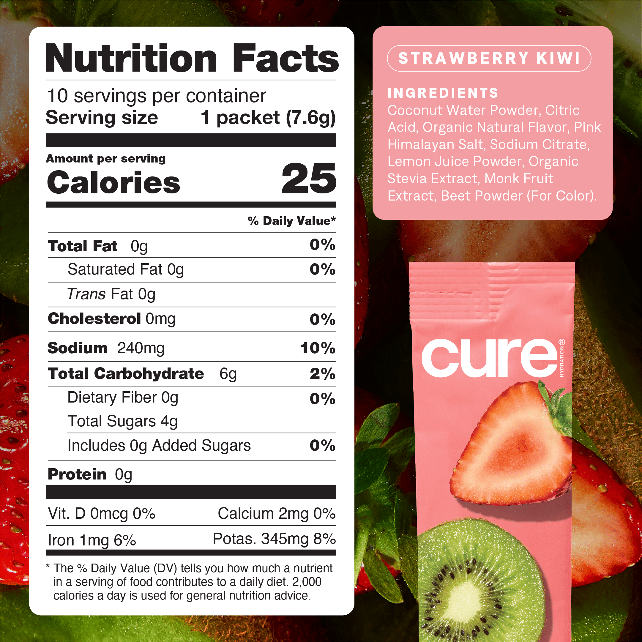 Cure Hydration Flavored Coconut Water Electrolyte Drink Mix, 10 Count, Strawberry Kiwi, FSA and HSA eligible