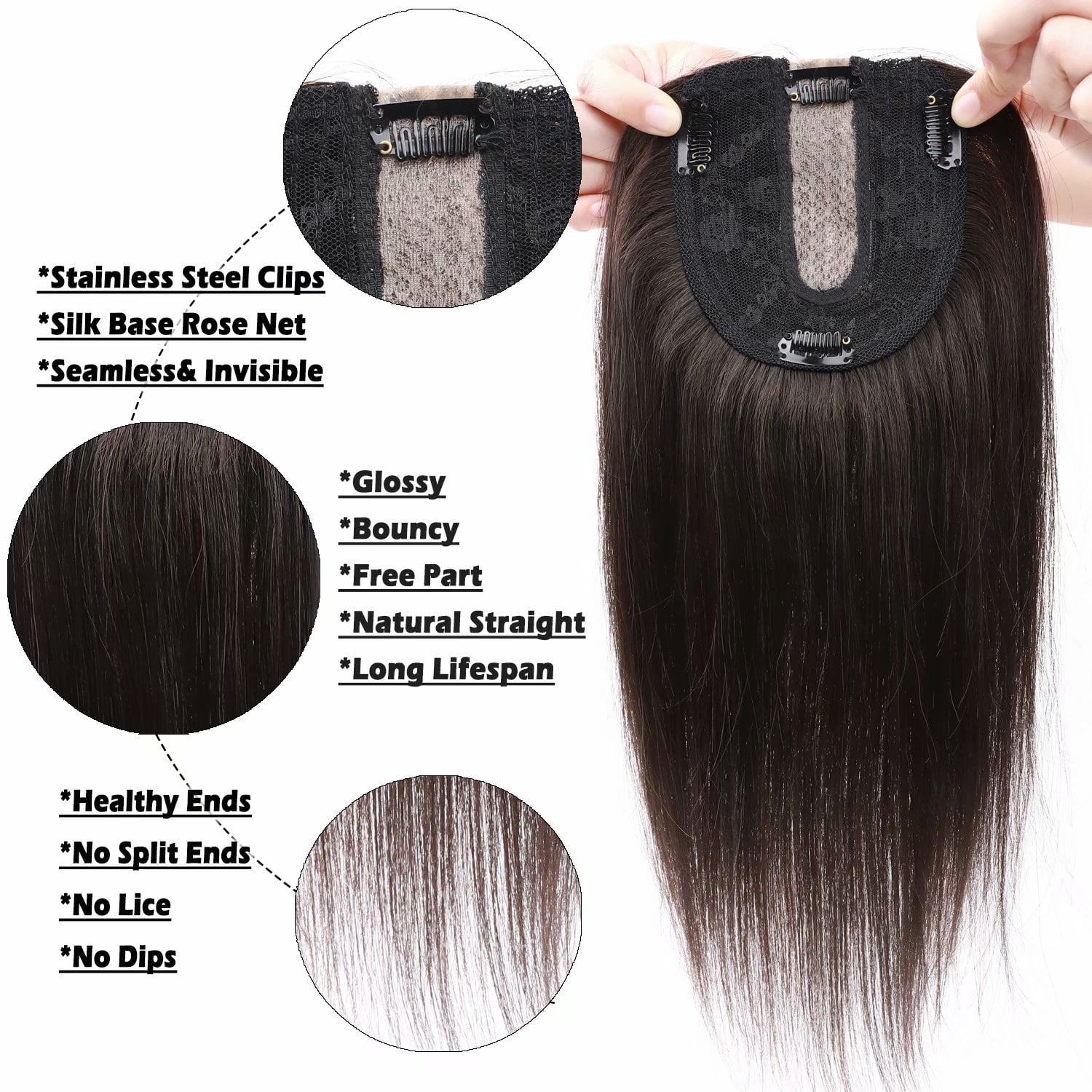Benehair 100% Human Hair Extensions Clip In Topper Toupee Hairpiece Silk Base for Women Remy Hair 6"-14" Brown US