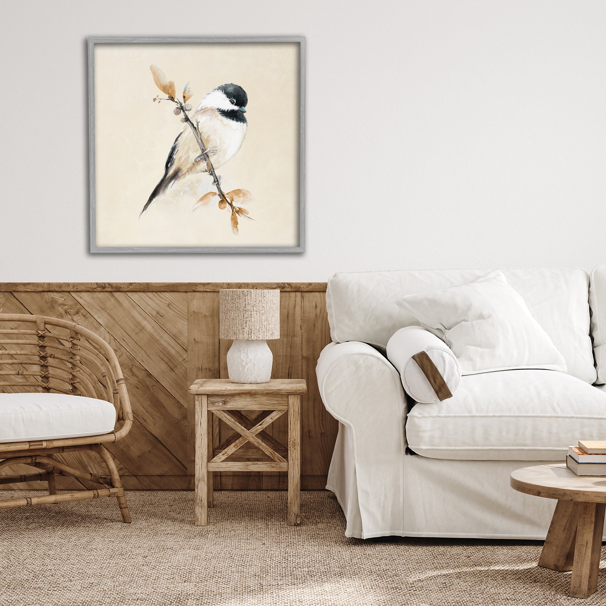 Stupell Industries Muted Watercolor Chickadee Gray Framed Giclee Art, design by Diannart