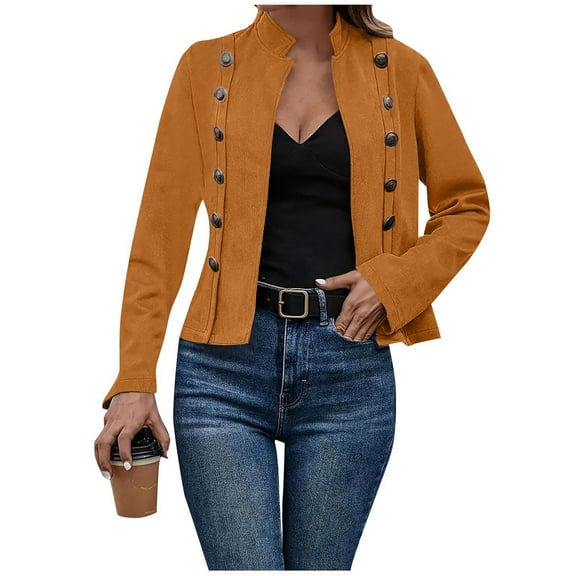 Suede Jacket for Women, Notch Lapel Shacket Jacket, Fashion Button Coat, 2025 Fall Winter Overcoat Cropped Peacoat Trendy Design Coats(Brown,L)