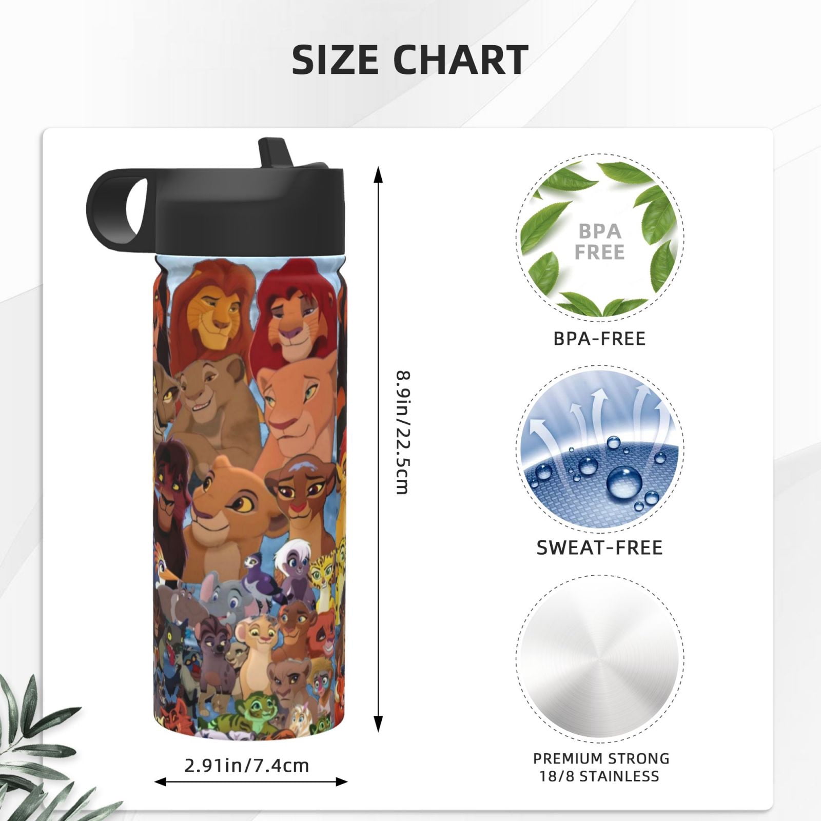 Lion Guard Insulated Water Bottle with Straw Lid, 18 oz Double Wall Vacuum Stainless Steel Kids Cup, Leak Proof Sports Thermos for Travel Fitness Hiking Outdoors