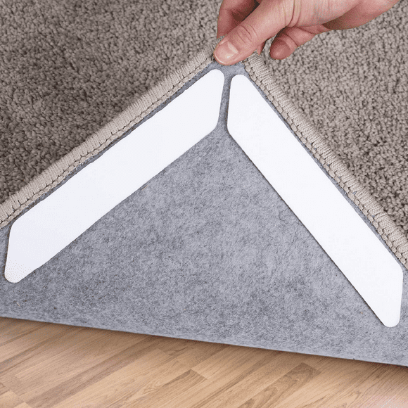 Rug Grippers, 16 pcs Double Sided Washable Removable Anti Curling Corner Carpet Gripper, Non Slip Adhesive Rug Tape for Hardwood Floors and Tile (Black/White)
