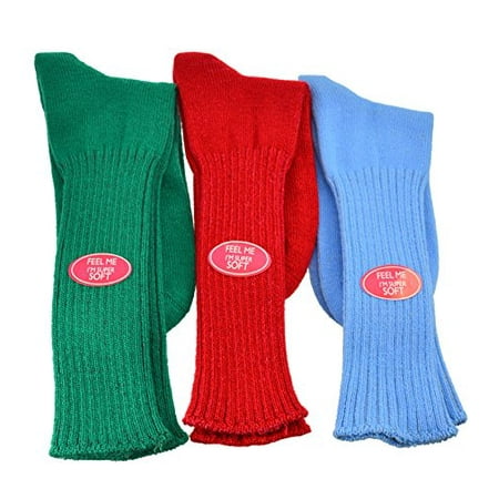 Sierra Socks Women's Solid Color Ribbed Crew Turn cuff Acrylic School Uniform 3 Pair Pack Socks 300616 (Socks Size: 9-11, Shoe Size: 4-10, Green/Blue/Red)