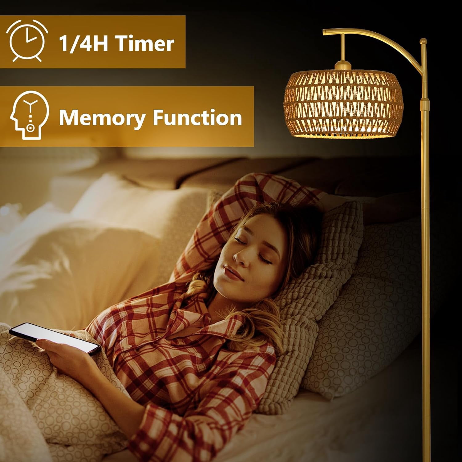 Arc Floor Lamp with Rattan Shade, LED Standing Lamp with Remote, Dimmable, Adjustable