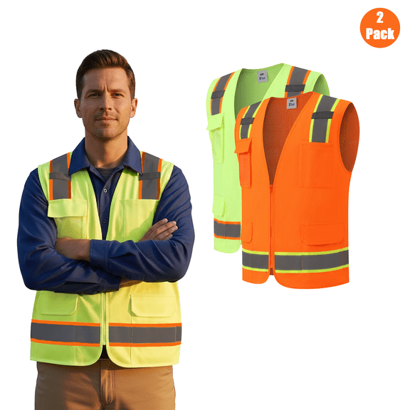 Zfeel Hi-Vis Reflective Poly Mesh Zip Front Multi-Pocket Safety Vest, Bulk 2 Pack, S