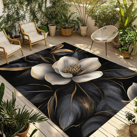 Fsddascl Black Gold Flower Outdoor Rug for Patio/Deck/Porch, Non-Slip Large Area Rug 4 x 6 Ft, Gradient Luxurious Floral Botanical Indoor Outdoor Rugs Washable Area Rugs, Camping Rug Carpet