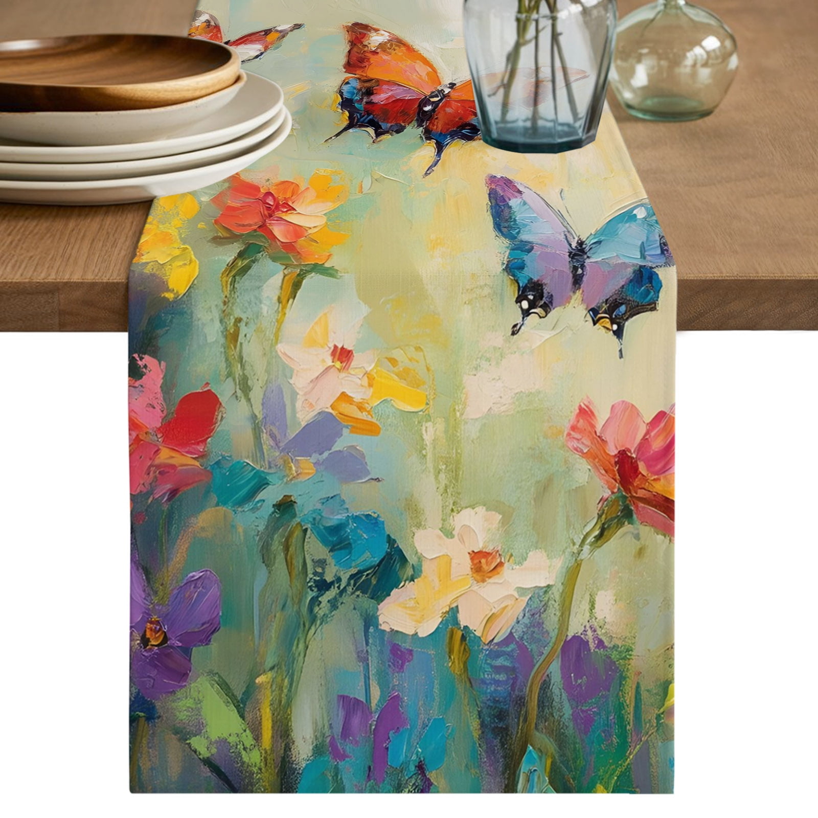 Spring Butterflies Flower Table Runner Rustic Boho Orange Green Floral Bloom Cotton Linen Table Cloth Tablerunner for Kitchen Dining Party Wedding Home Decor 13x48 Inch