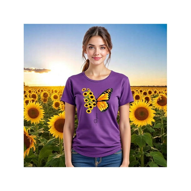Blusa con Estampado de Mariposa y Girasoles – Diseño Único y Significativo Color Morado Talla Extra Grande Marca Emil SaEs