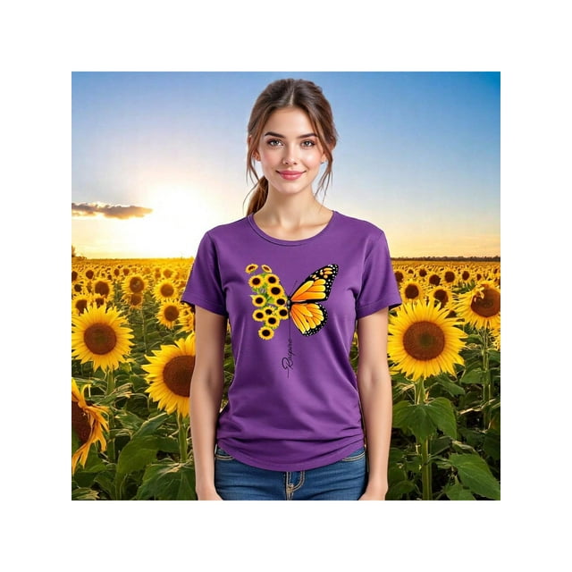 Blusa con Estampado de Mariposa y Girasoles – Diseño Único y Significativo Color Morado Talla Mediana Marca Emil SaEs