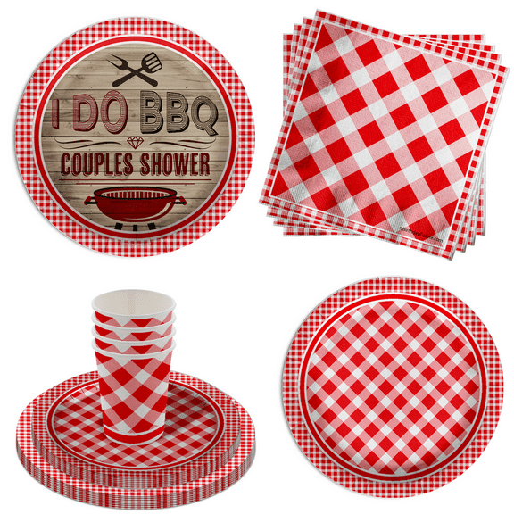 Birthday Galore Red Gingham Party Supplies - Couples I Do BBQ Shower Party Supplies - Bachelorette Bachelor BBQ Party Set Includes Large Plates Napkins Cups - Kit for 16 64 Piece