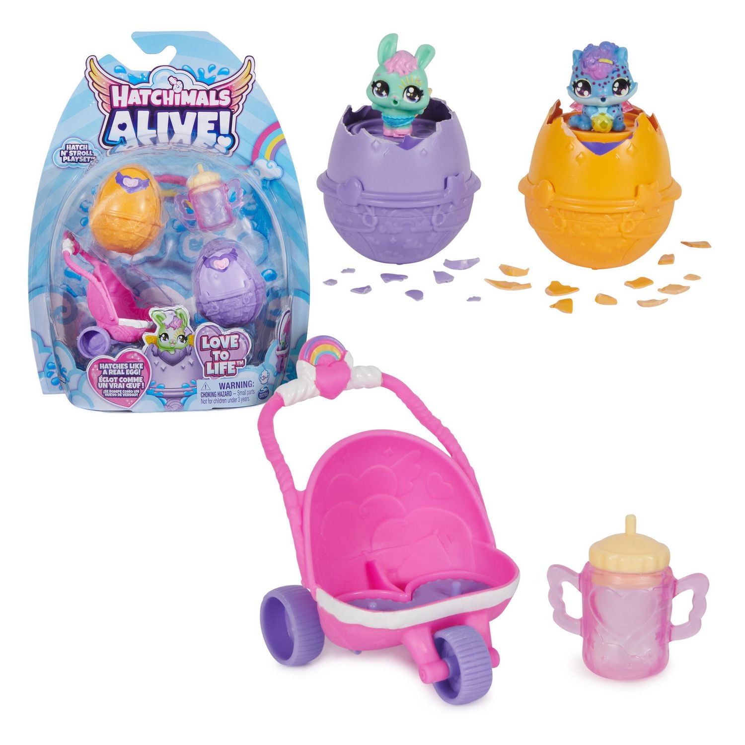 Hatchimals Alive, Hatch N’ Stroll Playset with Stroller Toy and 2 Mini Figures in Self-Hatching Eggs, Kids Toys for Girls and Boys Ages 3 and up