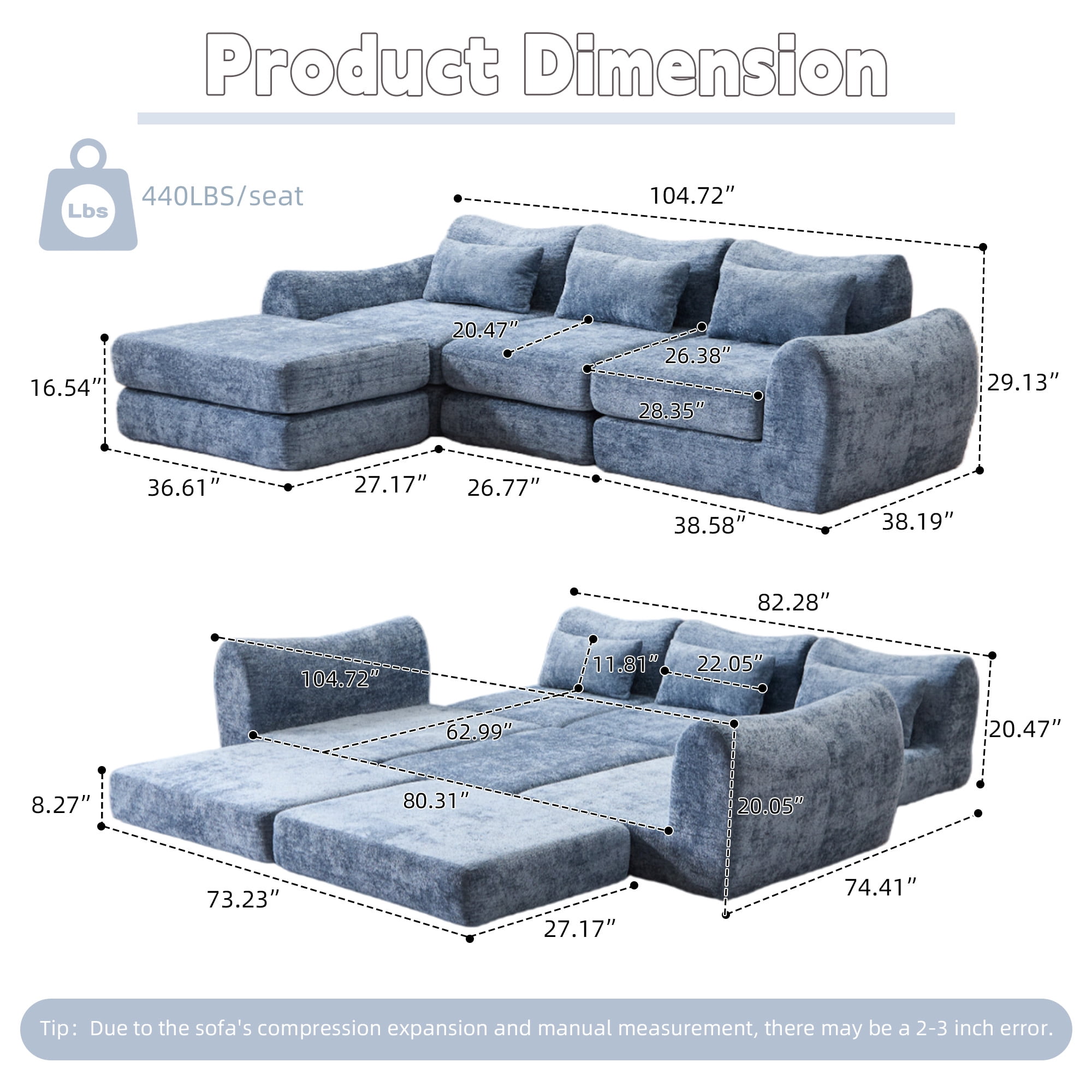 BSHTI Foldable Wave Star Modular Sofa, Chenille Fabric, 4-in-1 Modern Couch for Living Room, Modular Sectional Sofa with Chaise, Free Combination 3 Seater Sofa, Blue