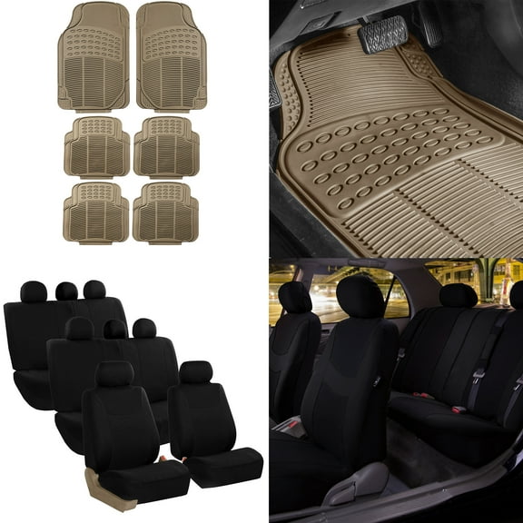 FH Group, 3 Row 8 Seaters Black Seat Covers for SUV Van Combo with Black Floor Mats