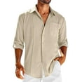thumbnail image 2 of LZHGirlshop Men's Linen Shirts Casual Button Down Shirt Solid Color Long Sleeve Turn-down Collar with Pocket Tops,Khaki,XL, 2 of 6