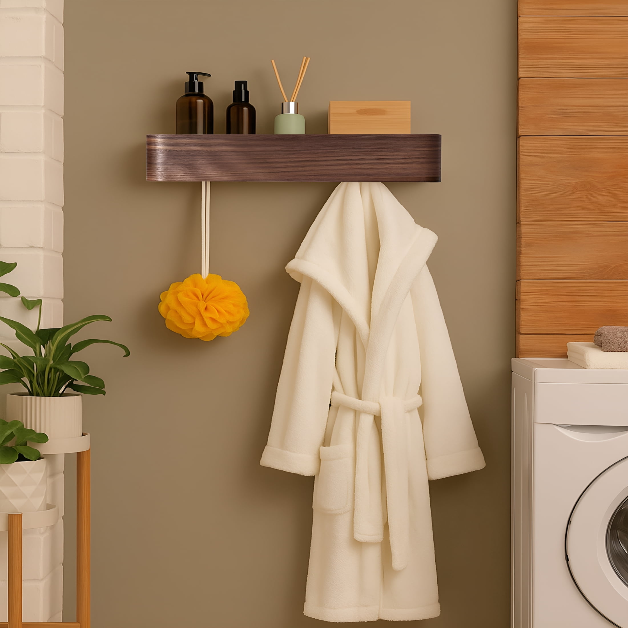 XIBUFE Wall-Mounted Coat Rack – Floating Wood Shelf with Hidden Hooks – Modern Entryway Organizer for Hallway or Closet (Walnut)