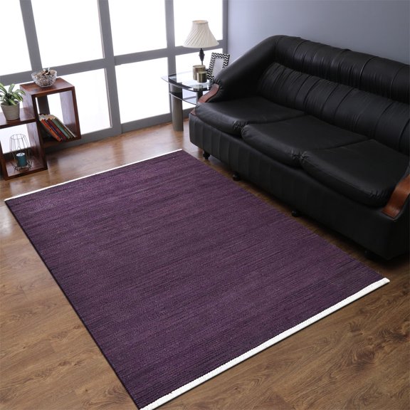 Rugsotic Carpets Hand Woven Flat Weave Kilim Wool Eco-Friendly 4'x6' Area Rugs Rectangle Dark Purple Plain Solid Design Low Pile Indoor Handmade Rug for Living Room, Bedroom D00111