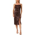 thumbnail image 1 of Vestido Midi de Cóctel para Mujer Inspire Chic, con Tirantes de Satén, Fruncido, Ajustado y con Abertura, Color Café, 1 of 6