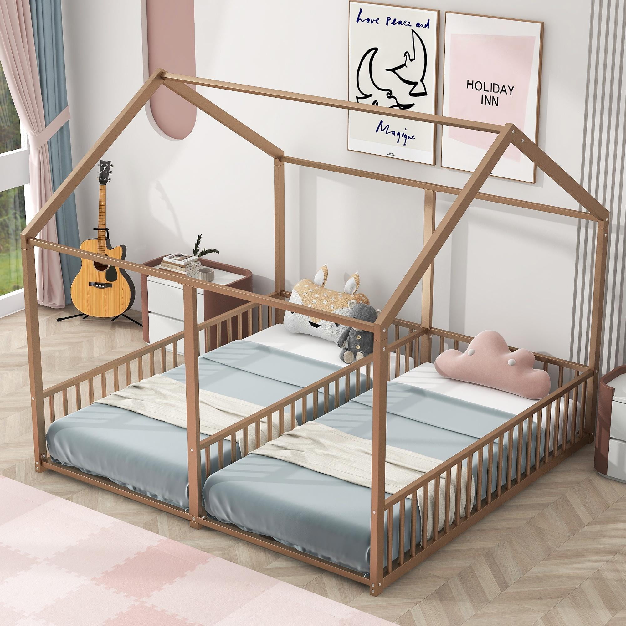 Bellemave Double Twin Size Floor Bed, Metal Shared Platform Beds for 2 Kids, Montessori House Bed for Toddler Boys Girls Teens(Gold)