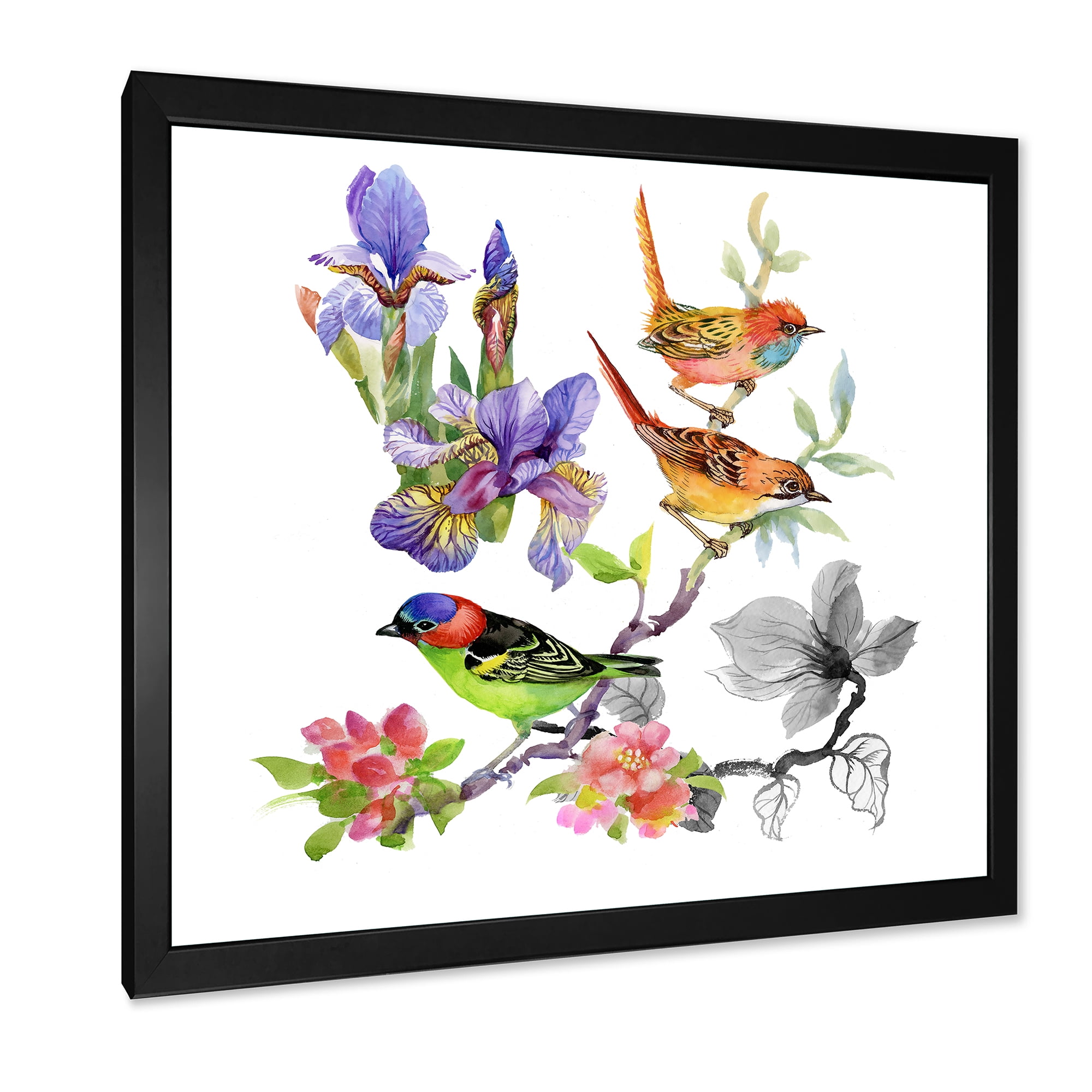 Designart 'Colourful Birds and Tropical Flowers I' Traditional Framed Art Print