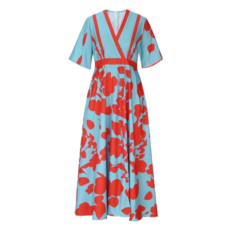 ankle maxi dress Delliss Women's Summer Elegant Elbow-Length Sleeve Split Print Dress Ankle  Length Trendy Casual Long Maxi Dress