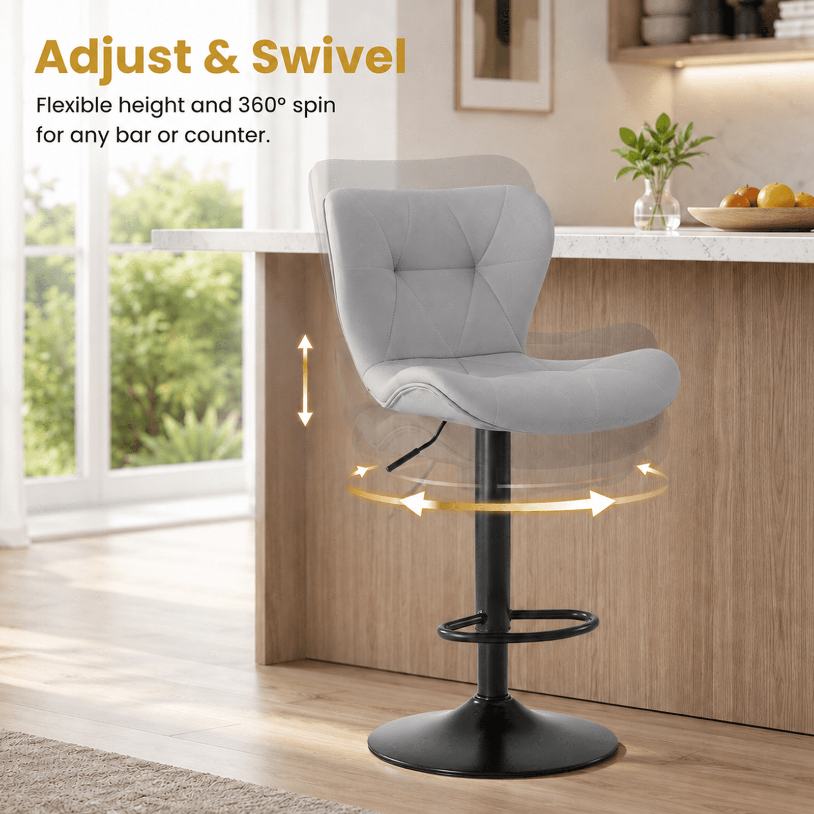 Alvantor Bar Stools Set of 2, Adjustable Swivel Barstools, Fabric Upholstered Barstools Counter Height with Backrest for Bar and Kitchen Island