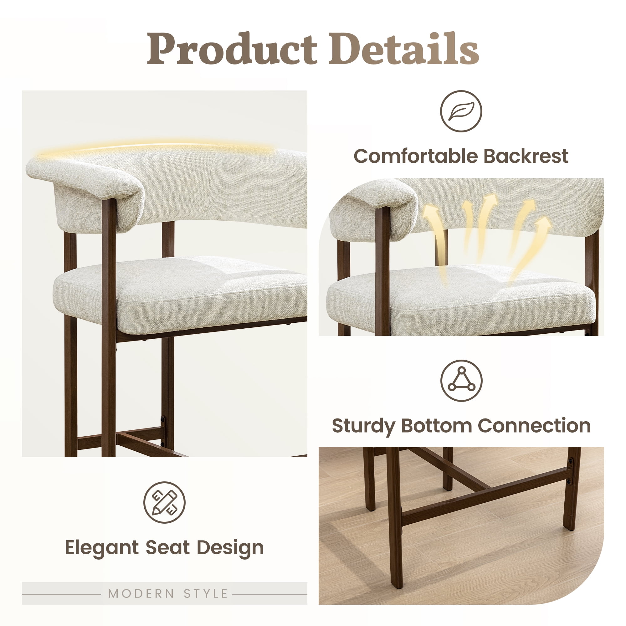 COOLHUT 26" Barrel Bar Stool, Counter Height Bar Stool with Linen Fabric, Upholstered Barstools for Kitchen Island or Home Bar, 1 Piece, Beige