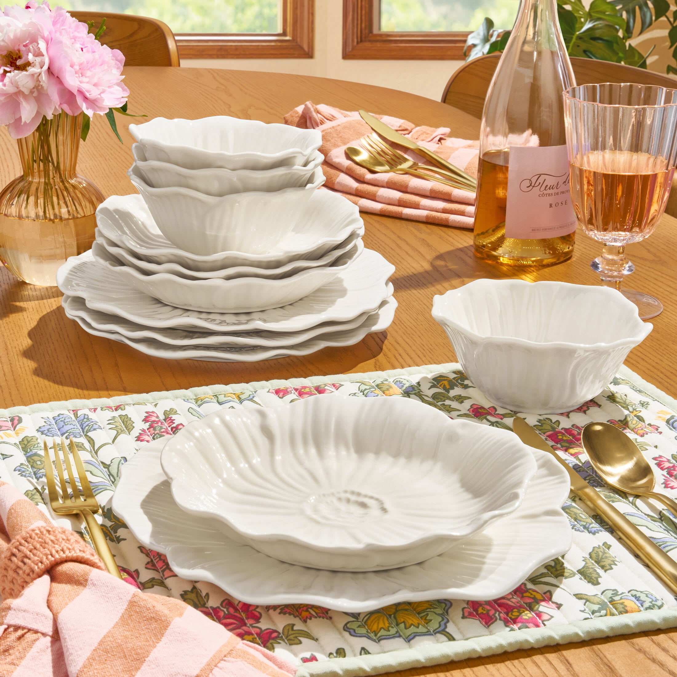 Beautiful by Drew Barrymore Embossed Flower 12 Piece Stoneware Dinnerware Set, 4 Piece Setting White