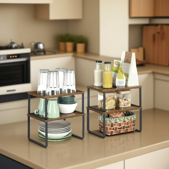 LEDREM 2-Tier Stackable Kitchen Cabinet Organizer Shelf, Adjustable & Expandable Storage Rack for Spices, Utensils, Books,Metal & Wood, Black,Brown