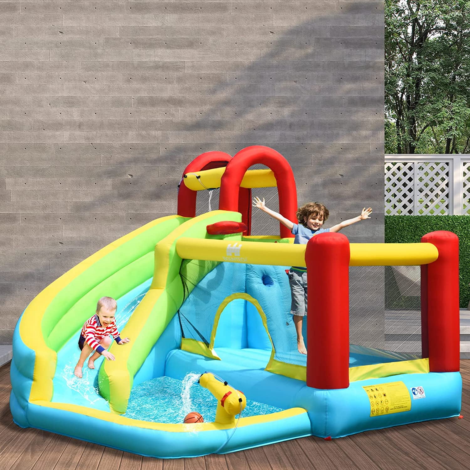 OLAKIDS Inflatable Water Slide, 6 in 1 Bounce House with Slide, Climbing Wall, Splash Pool, Basketball Rim, Water Blaster, Outdoor Water Park Jumping Castle with Carrying Bag, Hose