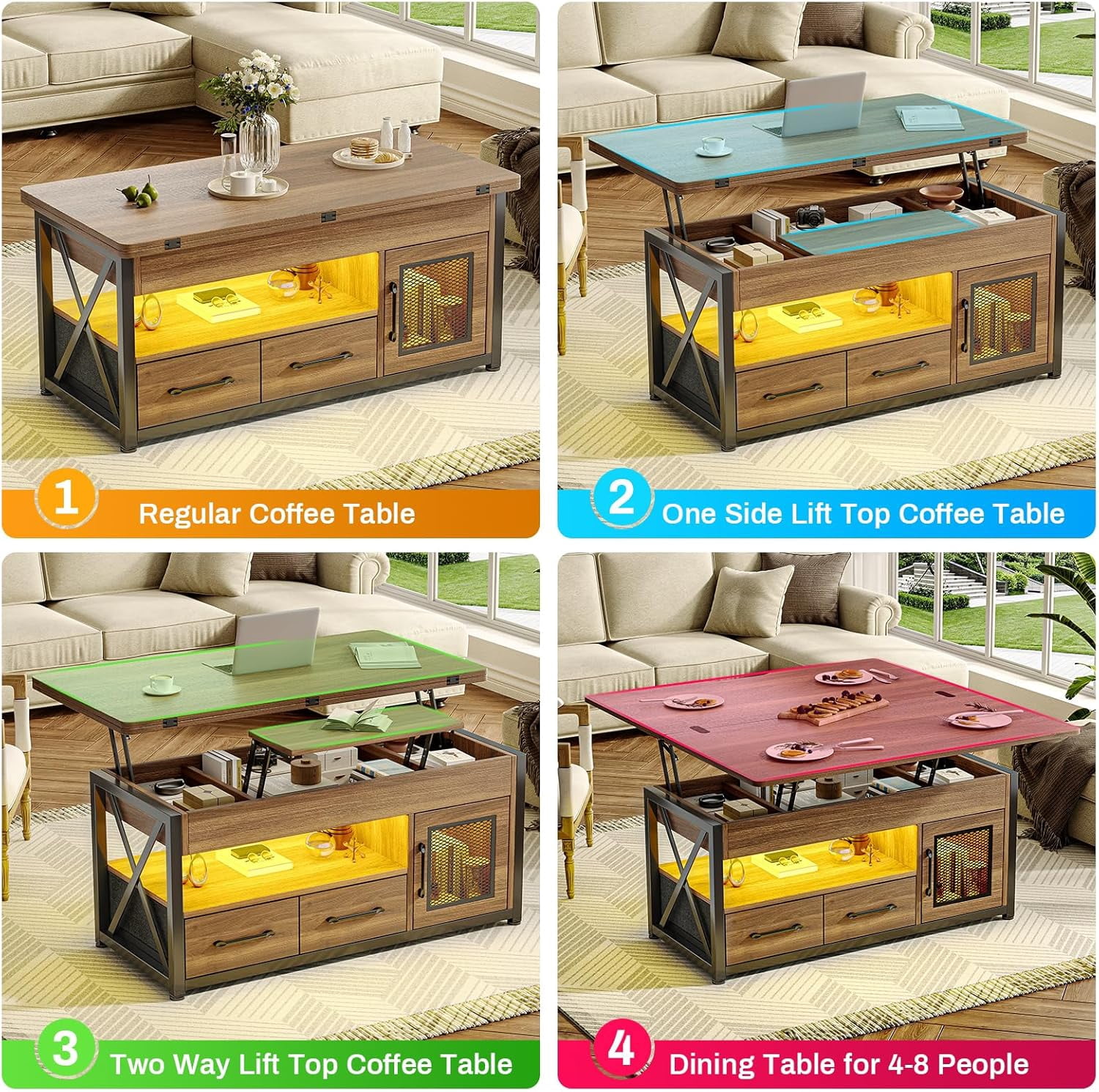 40" Lift Top Coffee Table, 4 in 1 Multifunctional Coffee Tables with Storage Cabinet for Living Room, Small Farmhouse Center Table with 2 Fabric Drawers & LED Light for Dining Room, Oak Brown