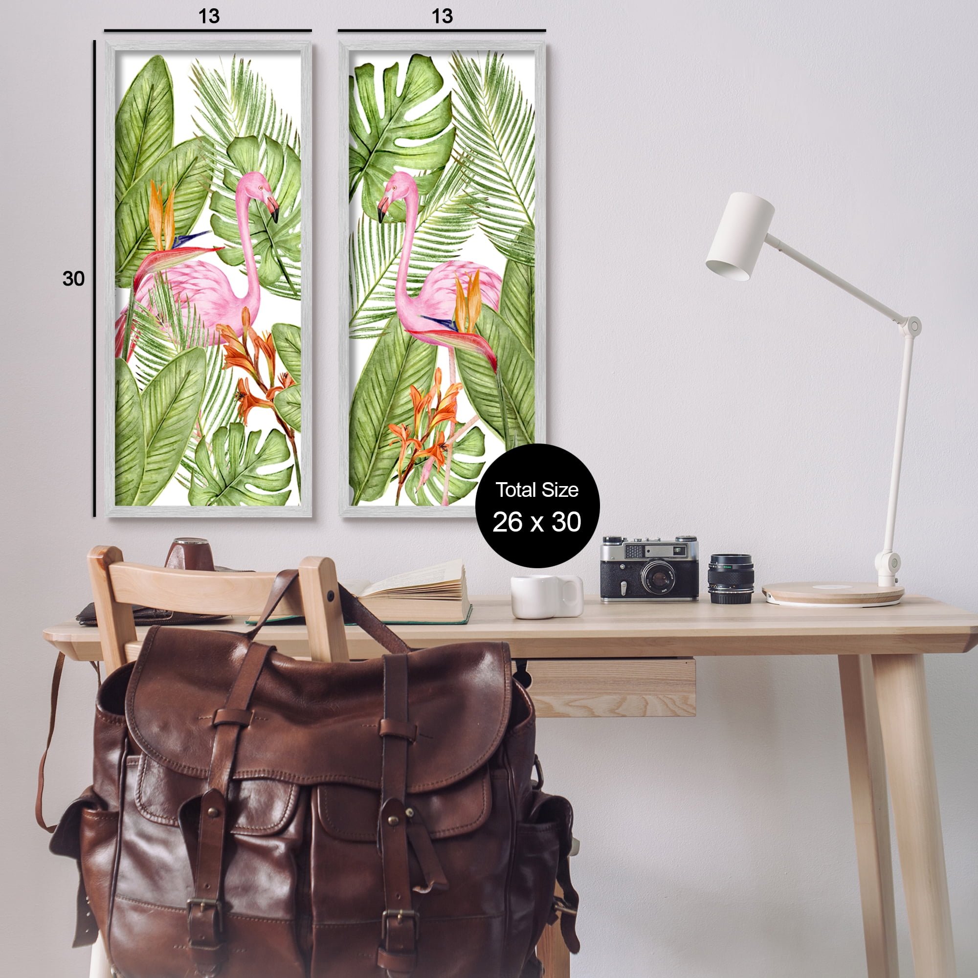 Stupell Industries Flamingos & Topical Plants Botanical & Floral Painting Gray Framed Art Print Wall Art, 13 x 30, Set of 2