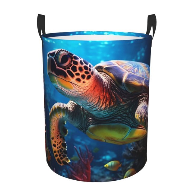 Balery Ice Blue Ocean Sea Turtle Cesta de ropa redonda con asas, impermeable, independiente, para ropa, juguetes, dormitorio y familia-Small