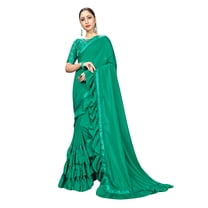 Sarees for Women Georgette Ruffle - Frill Saree | Ethnic Indian Gift Traditional Wedding Gift Sari with Unstitched Blouse Green