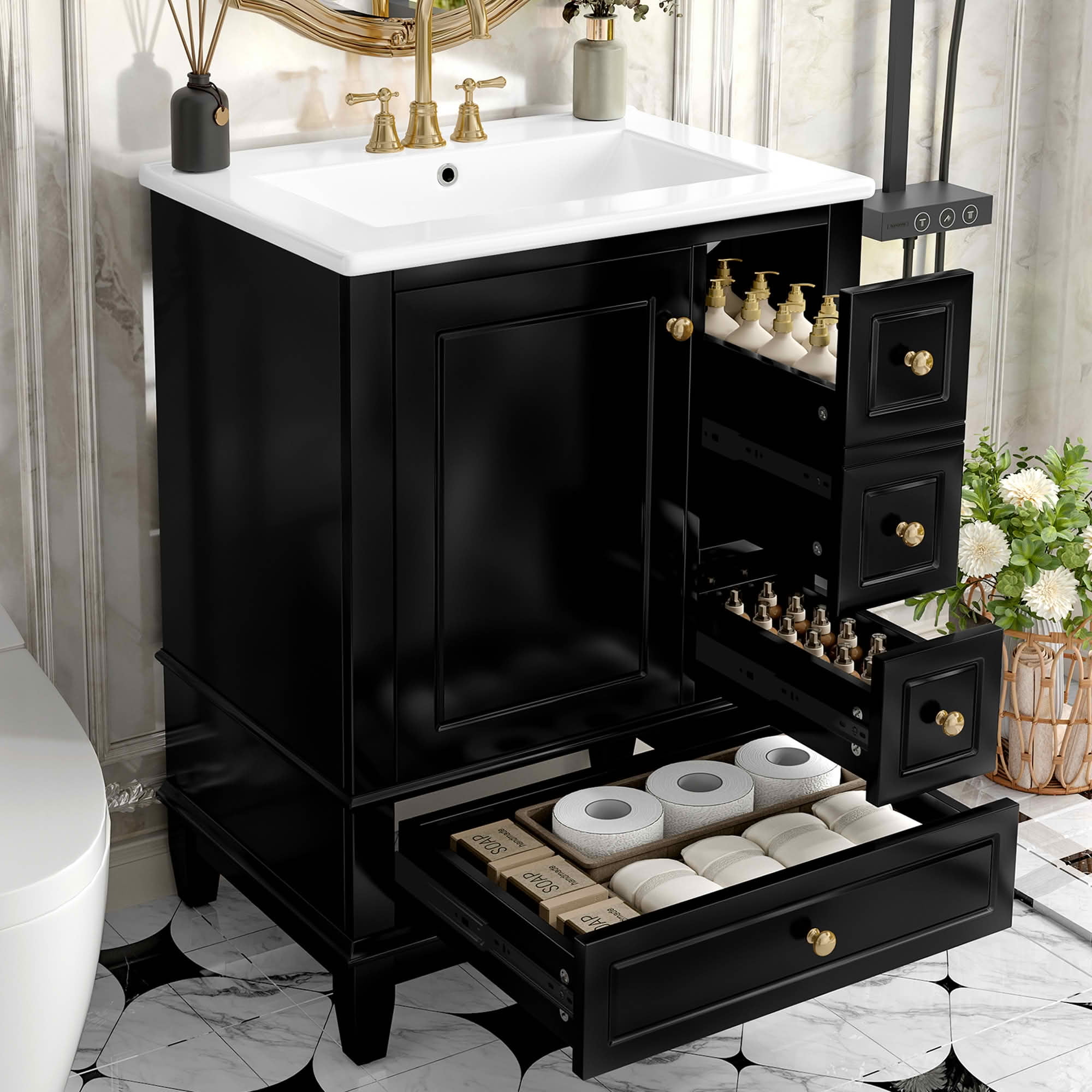 MAYEERTY 24" Bathroom Vanity with Sink Drawers, Freestanding Cabinet Ceramic Top Storage Shelves MDF Solid Wood Base, Modern Small Bathrooms, Black