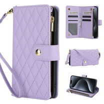 Wallet Case Compatible with iPhone 15, Premium PU Leather Zipper Flip Folio Wallet RFID Blocking with Wrist Strap & Crossbody Strap Magnetic Closure Kickstand Protective Case, Purple