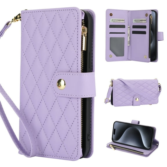 for iPhone 16e Wallet Case with Zipper Pocket, RFID Blocking Card Slots, PU Leather Magnetic Clasp Kickstand Crossbody & Wrist Strap Rugged Protective Cover for iPhone 16e, Purple