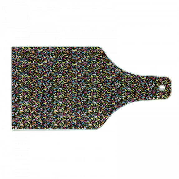 Colorful Cutting Board, Abstract Pattern with Floral Elements Lively Colored Petals on Black Background, Tempered Glass Cutting and Serving Board, Wine Bottle Shape, Multicolor, by Ambesonne